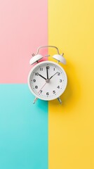 White alarm clock on a vibrant, colorful background divided into pink, yellow, and teal sections.