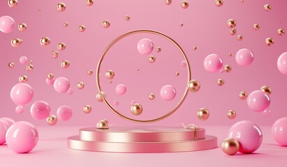 Christmas podium backdrop 3D render of rose gold geometric balls