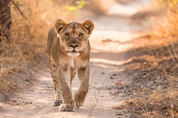 A wild young male lion walking