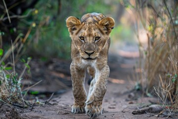 A wild young male lion walking