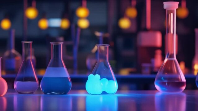 Liquid-filled beakers with luminescent orbs side view colorful science lab dark room advanced