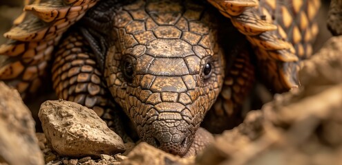 Fototapeta premium Close-up of a pangolin curled up among rocks, showcasing intricate scales and natural camouflage.