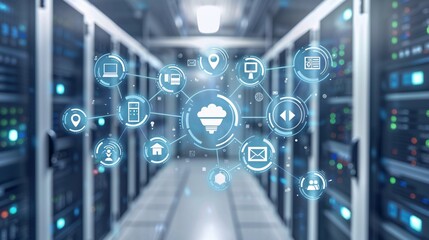 ICT (information and telecommunication technology) and IoT (internet of things) concepts illustrated with diagrams and icons in a server room setting.