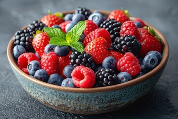 A bowl of mixed berries, including strawberries, blueberries, raspberries, and blackberries, with a sprinkle of mint leaves on top.