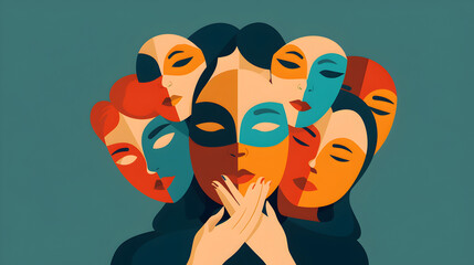 A person holding a mask with different expressions, symbolizing the complexity of hiding emotions, illustration.


