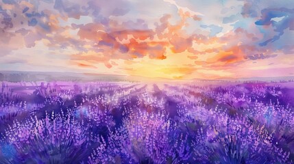 watercolor painting of a lavender field at sunset