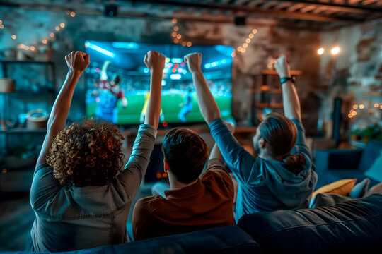 Group of friends cheering in front of TV when watching a soccer game