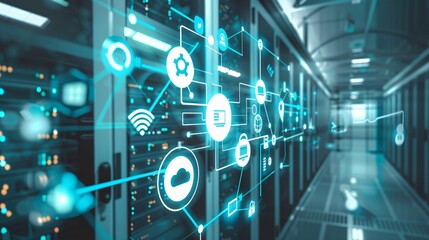 ICT (information and telecommunication technology) and IoT (internet of things) concepts illustrated with diagrams and icons in a server room setting.