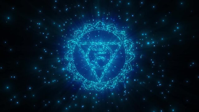 cyclic 3D rendering. Vishudha chakra in esotericism. the glowing particles scatter in different directions