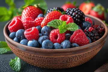 A bowl of mixed berries, including strawberries, blueberries, raspberries, and blackberries, with a sprinkle of mint leaves on top.