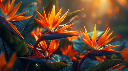 Close-up of vibrant orange bird of paradise flowers in bloom with blurred background.