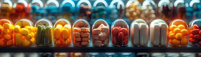 Colorful illuminated row of various fresh vegetables and fruits in modern market display showcasing healthy and vibrant produce.