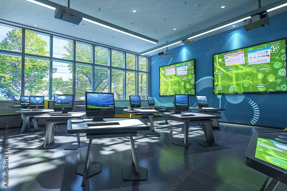 Fototapete a contemporary classroom featuring interactive panels and ai assistants, creating a modern and engag