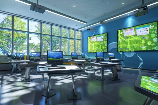 A contemporary classroom featuring interactive panels and AI assistants, creating a modern and engaging learning environment. Generative AI