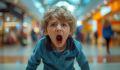 A portrait of a young boy having a meltdown in a shopping mall