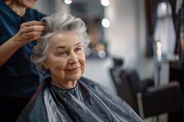 A hairdresser styles the hair of an elderly gray-haired woman.