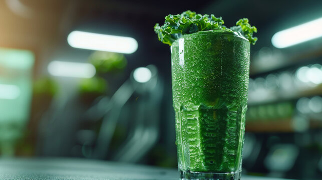 Healthy green smoothie in a glass with kale on top, set in a modern kitchen with a blurred background, emphasizing fresh ingredients.