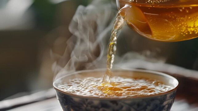 Freshly brewed tea cascading into a cup, releasing its aromatic steam. Steaming cup of aromatic tea infused with natural sweetness