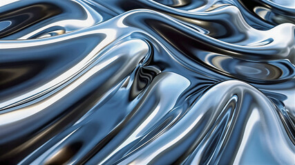 Abstract wavy background, chrome metal texture with waves. Generative AI