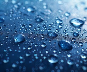 Water drops on a blue background, close-up, surface texture after rain, concept: cold drinks, condensation
