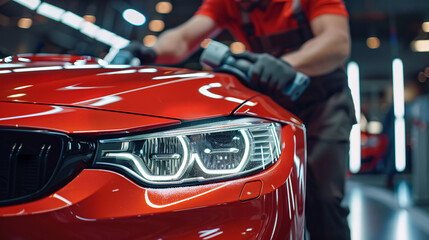 Detailing a Red Sports Car Headlight with Professional Equipment in a Garage Setting, Generative AI