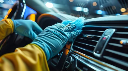 Obraz premium Professional Car Interior Detailing with Microfiber Cloth and Gloves in Modern Vehicle, Generative AI