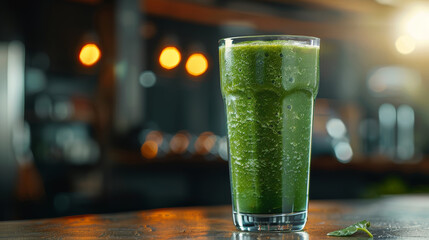 Refreshing green smoothie in a tall glass on a wooden table, perfect healthy drink in a cozy cafe setting.