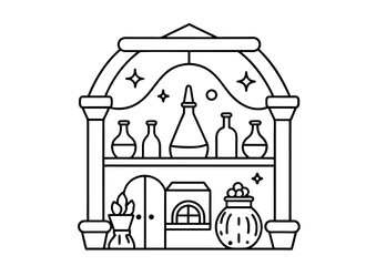 illustration of a bottle of potion and a glass in black and white theme