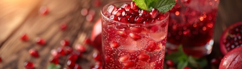 Refreshing pomegranate drink with mint garnish in a clear glass, surrounded by fresh pomegranate seeds on a rustic wooden table.