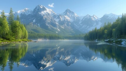 Fototapeta premium Stunning landscape of a serene mountain lake surrounded by lush forests and majestic snow-capped peaks on a clear day.