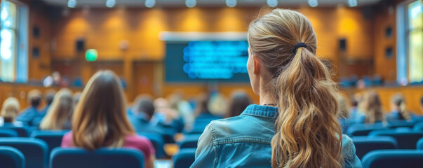 Fototapeta premium Students attentively listening in a modern lecture hall with a focus on a woman's ponytail, with blurred background and ambient lighting.