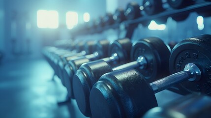Fototapeta premium A gym with dumbbells and weights on the rack, blurred background, light blue color theme, bright daylight.