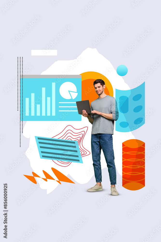 Poster trend artwork image composite collage of workspace interface project web stats graphics trade young 