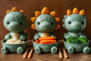 Children's tableware, three plates of rice and vegetables shaped as cute dinosaur heads, one plate with pasta on top, a bowl full carrots next to it.