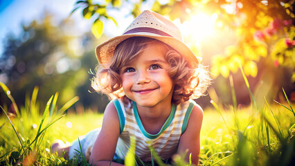Retrato de un niño tumbado en el césped. Actividades de verano divertidas. Infante jugando y tomando el sol en el jardín.