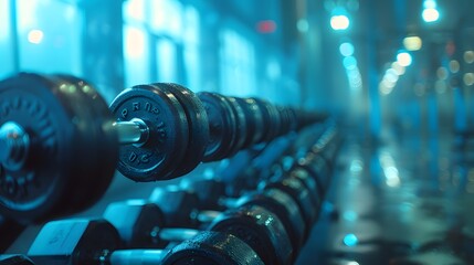 A gym with dumbbells and weights on the rack, blurred background, light blue color theme, bright daylight.