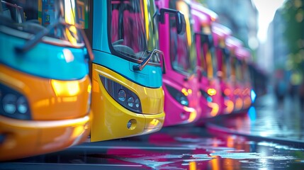 Obraz premium Vibrant city buses in yellow, green, and pink line a wet street, reflecting modern urban transportation on a rainy day.