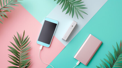 Powerbank charging smartphone on pastel color background top view 