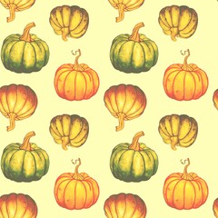 Seamless pattern with colourful pumpkins