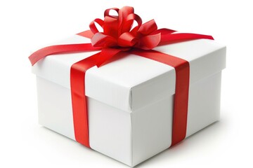 Fototapeta premium White Gift Box with Red Ribbon Bow Isolated on White Background for Christmas or Birthday Celebration