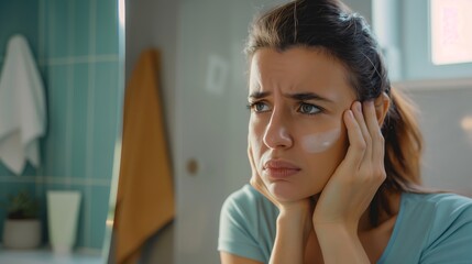 Fototapeta premium A woman shows worry with cream on her face, reflecting skincare concerns in the bathroom