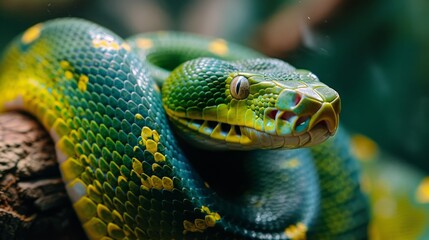 Fototapeta premium Vibrant Green Snake on a Branch, Generative AI