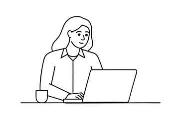 Woman using laptop computer, Vector drawing of woman with laptop continuous line art