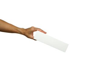 Hand holding blank white box give gift on white background isolation