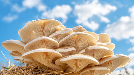 Oyster mushrooms on a background of blue sky. Grown at home in a bag with straw