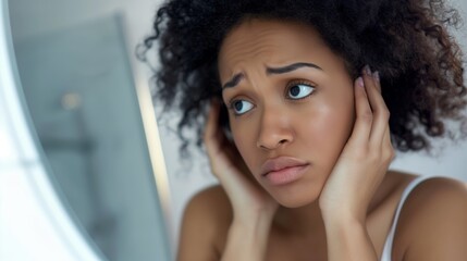 Distressed young woman examining her skin in the mirror with hands on her face