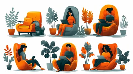 Mental hygiene and self development illustration set. Characters with healthy mentality relaxing, self-learning and easily solving problems. Psychotherapy concept. Vector illustration
