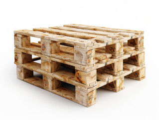 Stacked wooden pallets with a rugged, weathered texture, showcasing durability and versatility for shipping, storage, and various projects. Pallets are set against plain white background. Copy space.