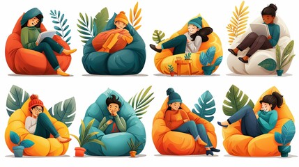 Fototapeta premium Mental hygiene and self development illustration set. Characters with healthy mentality relaxing, self-learning and easily solving problems. Psychotherapy concept. Vector illustration