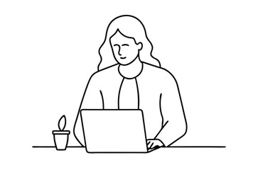 Woman using laptop computer, Vector drawing of woman with laptop continuous line art